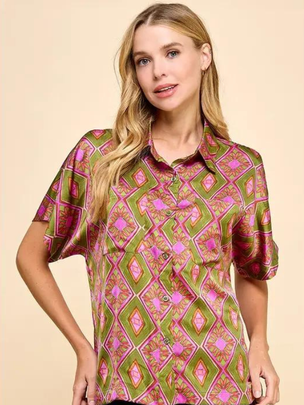 TCEC Olive Abstract Button Down Top